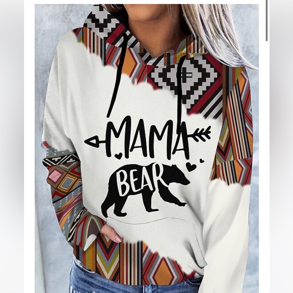 NOWT Large Mama Bear Graphic Hoodie Southwestern Aztec Geometric Print Sweater